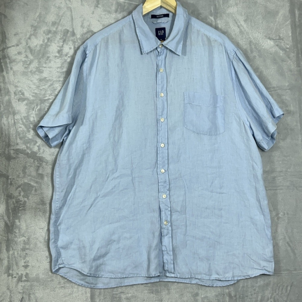 Gap Mens 100% Linen Short Sleeve Shirt XL Blue Fitted Coastal Comfort Vacay‎
